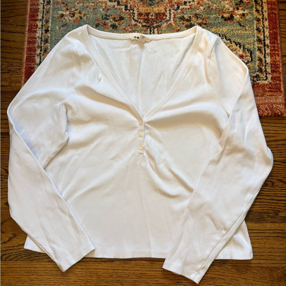Boden White V-Neck Henley ribbed Buttoned Women's long sleeve size 16